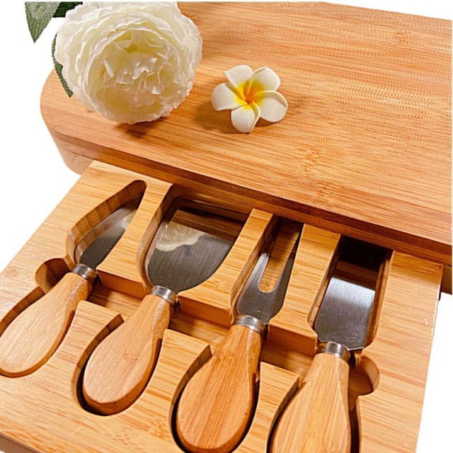 Small Bamboo Cheese Board Set with 4 Knives and Slide Out Drawer