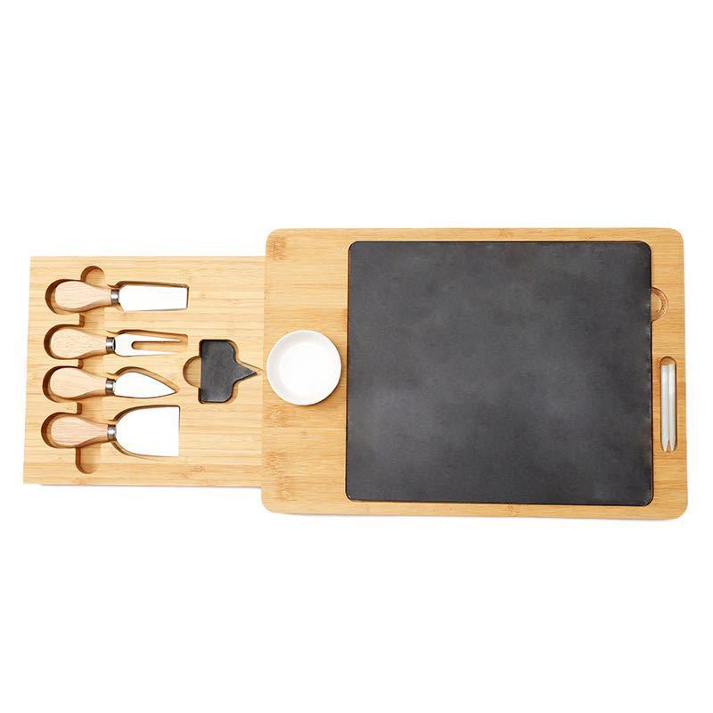 Bamboo Wide Charcuterie Platter with Removable Slate Cheese Plate