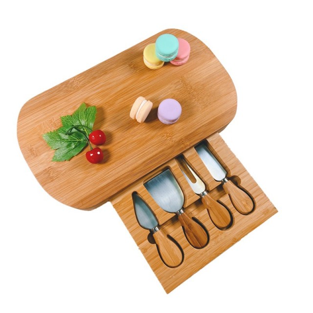 Small Bamboo Cheese Board Set with 4 Knives and Slide Out Drawer