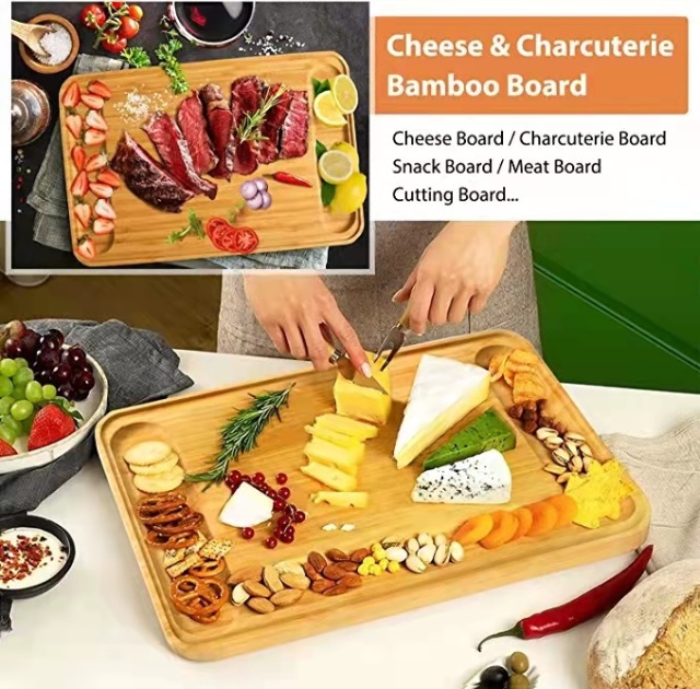 Bamboo Cheese Board 5 Piece Large Charcuterie Boards and Knife Set