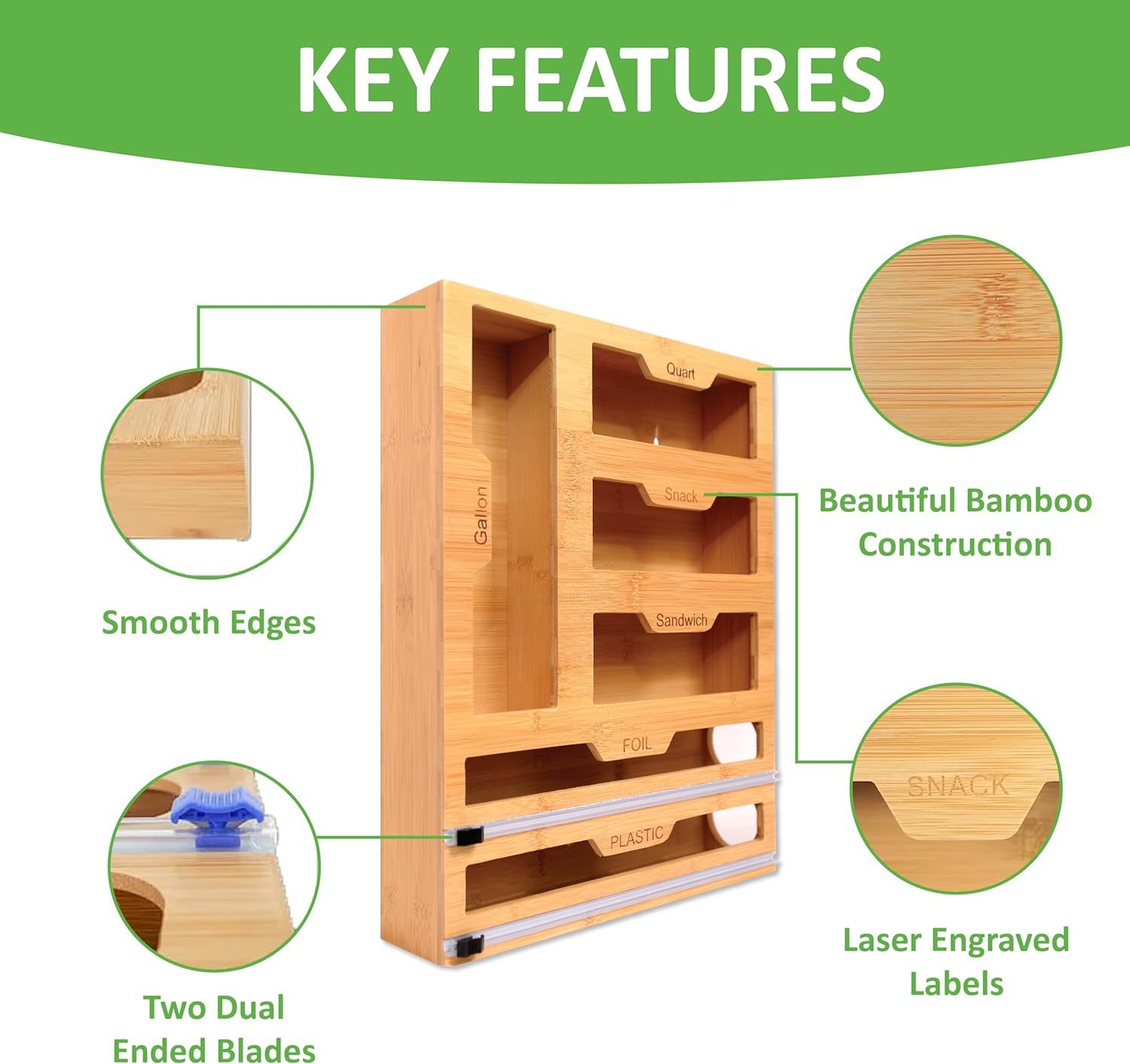 Bamboo Ziplock Bag Organizer for Drawer - Foil and Plastic Wrap Organizer