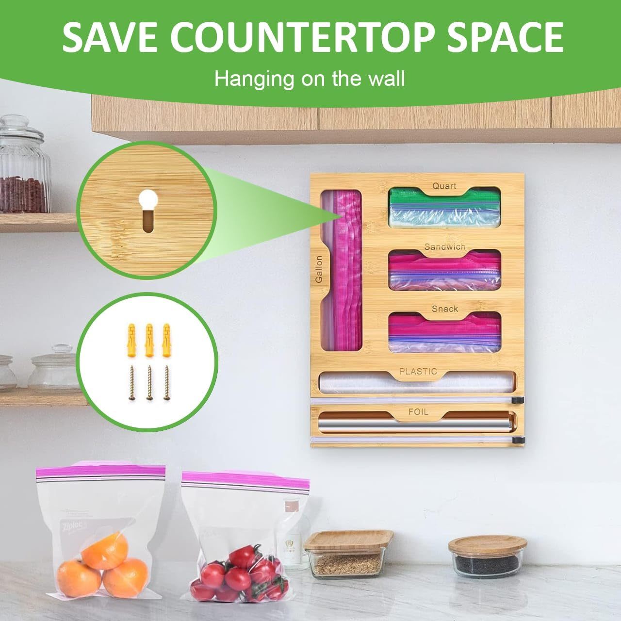Bamboo Ziplock Bag Organizer for Drawer - Foil and Plastic Wrap Organizer