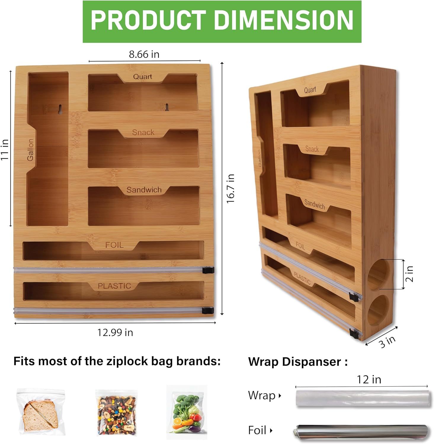 Bamboo Ziplock Bag Organizer for Drawer - Foil and Plastic Wrap Organizer