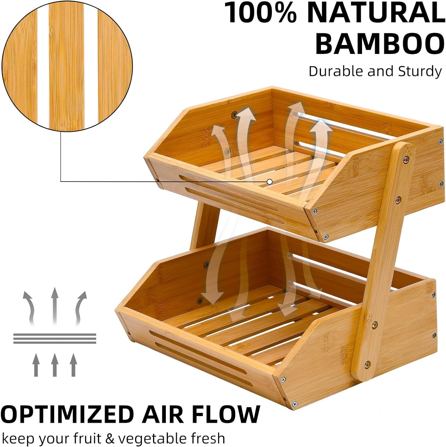 2 Tier Bamboo Fruit Basket for Kitchen