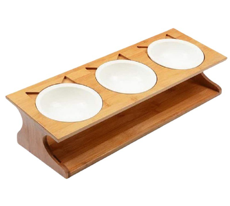 Solid Bamboo Stand with Ceramic Food Feeding Bowl