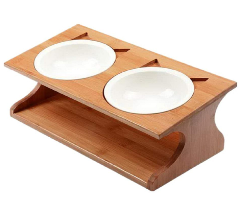 Solid Bamboo Stand with Ceramic Food Feeding Bowl