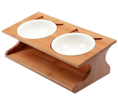 Solid Bamboo Stand with Ceramic Food Feeding Bowl
