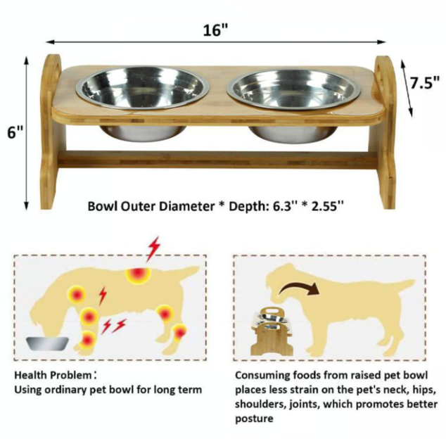Solid Bamboo Pet Feeder with 2 Stainless Steel Bowls