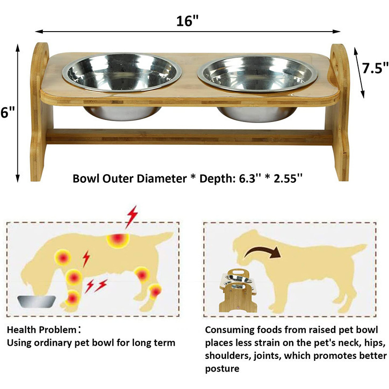 Solid Bamboo Pet Feeder with 2 Stainless Steel Bowls