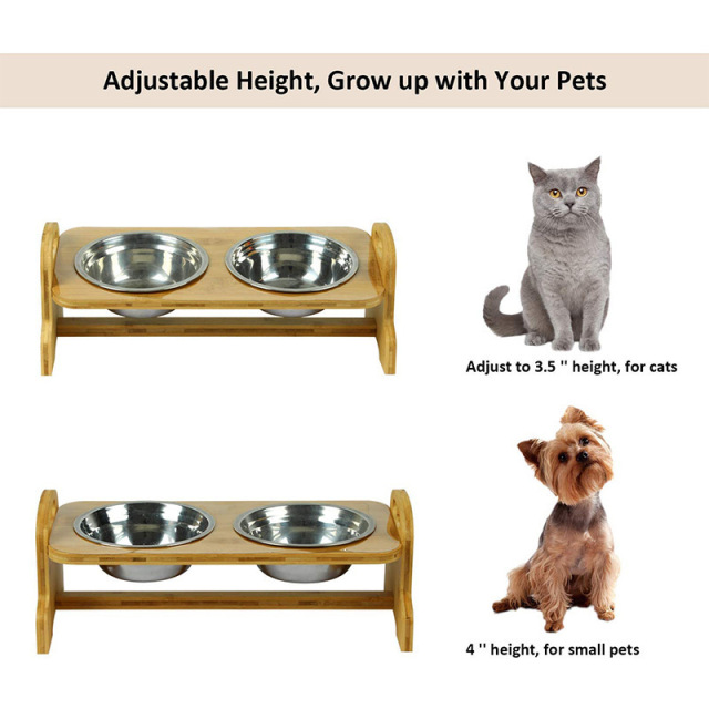 Solid Bamboo Pet Feeder with 2 Stainless Steel Bowls