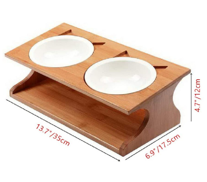 Solid Bamboo Stand with Ceramic Food Feeding Bowl