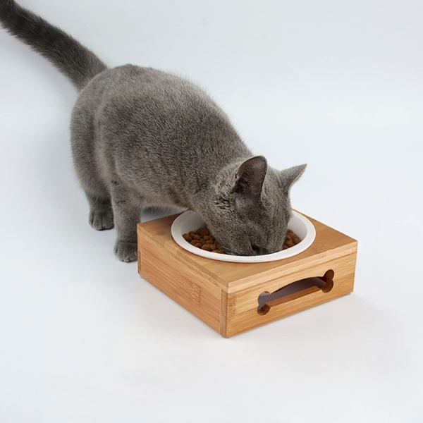 Bamboo Elevated Dog Cat Food  Stand Feeder