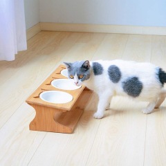 Solid Bamboo Stand with Ceramic Food Feeding Bowl