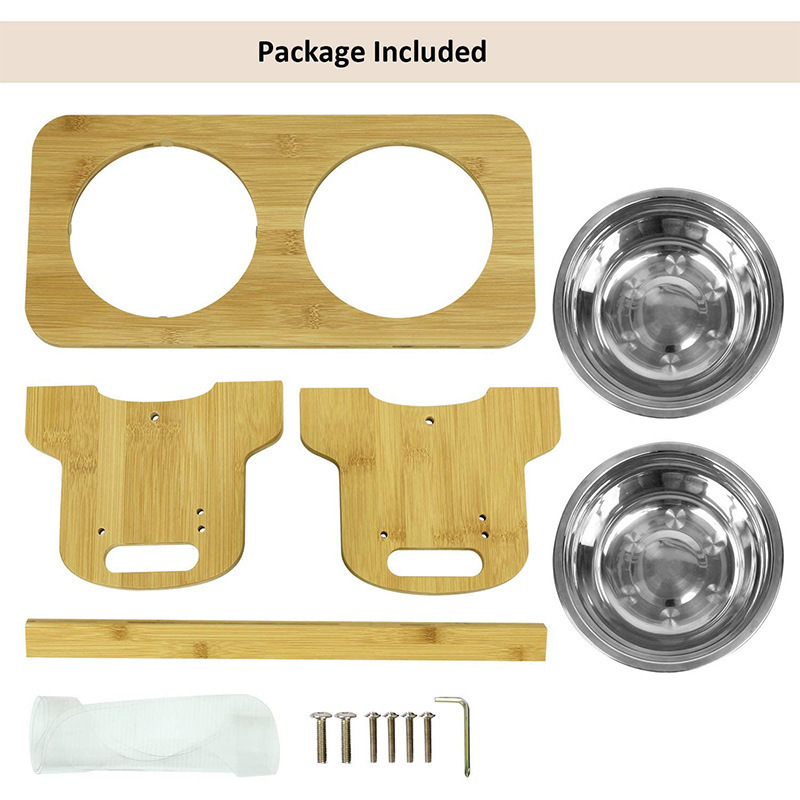 Solid Bamboo Pet Feeder with 2 Stainless Steel Bowls