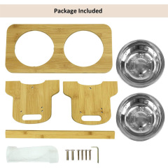 Solid Bamboo Pet Feeder with 2 Stainless Steel Bowls