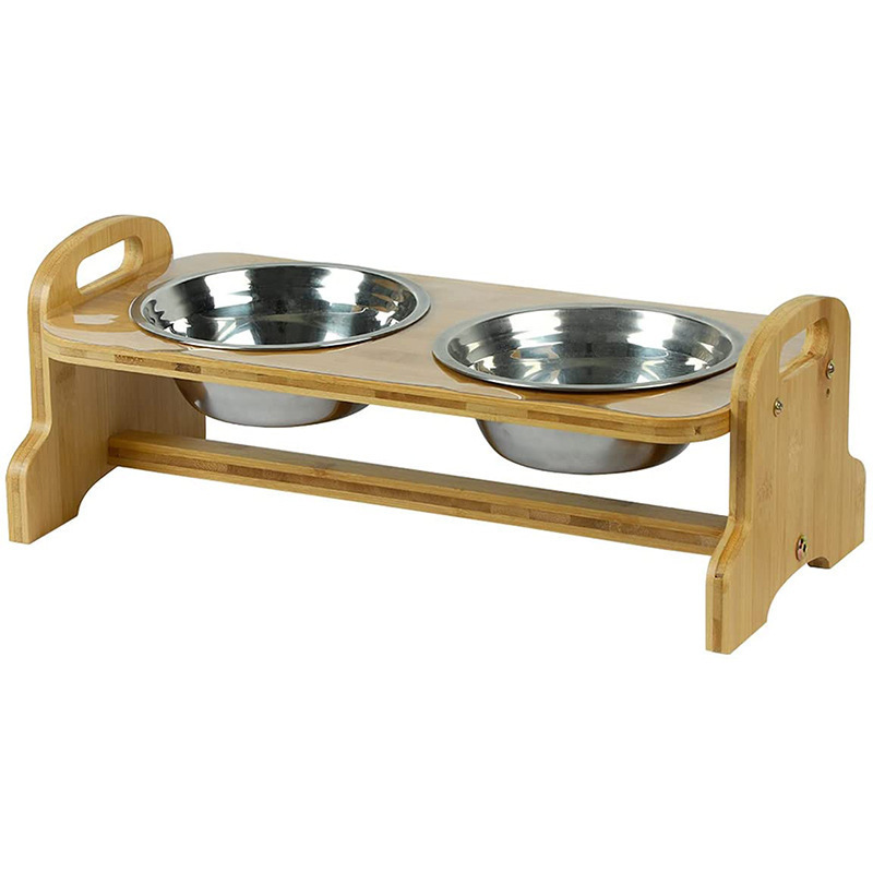 Solid Bamboo Pet Feeder with 2 Stainless Steel Bowls