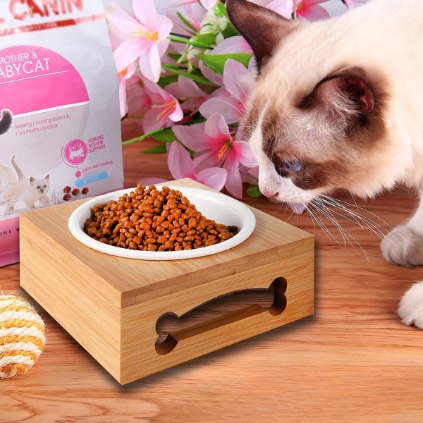Bamboo Elevated Dog Cat Food  Stand Feeder