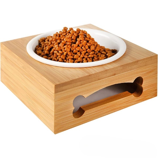 Bamboo Elevated Dog Cat Food  Stand Feeder