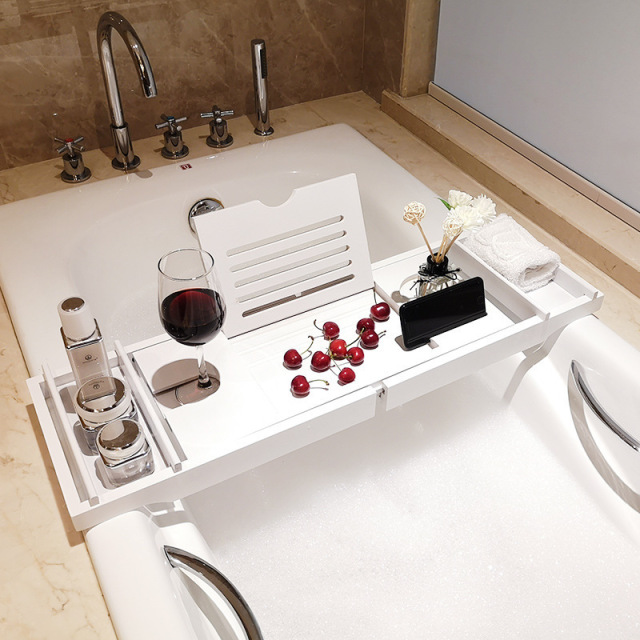 White Bamboo Bathtub Tray Bath Tub Caddy