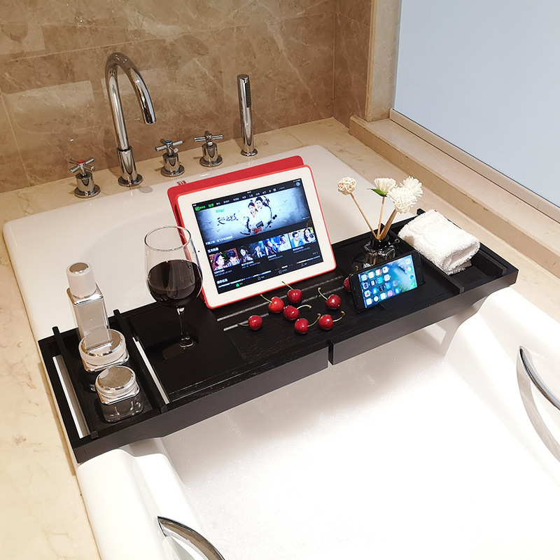 Black Bamboo Bathtub Tray Bath Tub Caddy with Expandable Handles