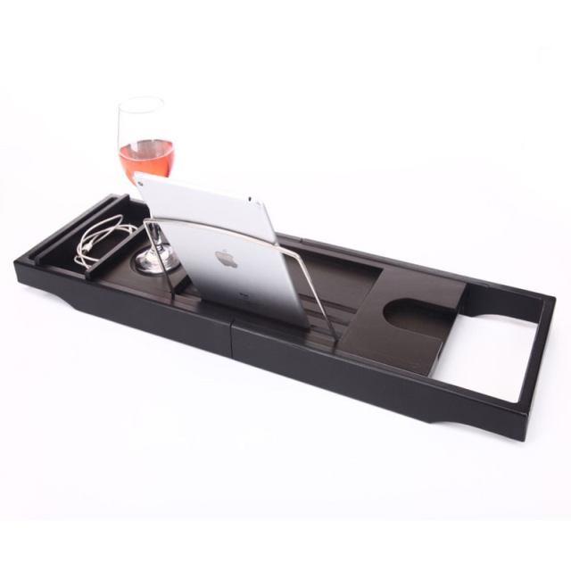 Black Bamboo Bathtub Tray Bath Tub Caddy with Expandable Handles