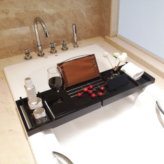 Black Bamboo Bathtub Tray Bath Tub Caddy with Expandable Handles