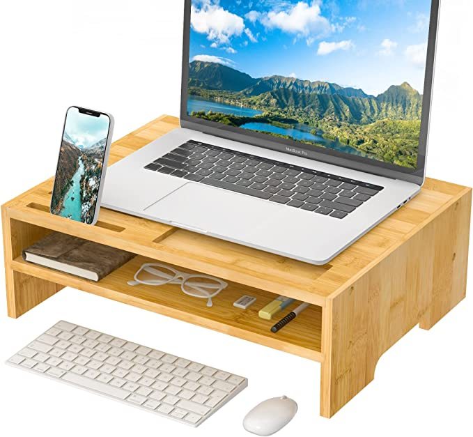 2 Tier Bamboo Computer Monitor Stand with Storage Organizer