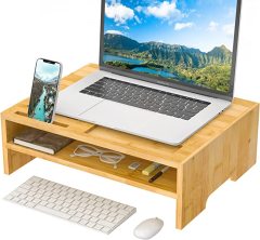 2 Tier Bamboo Computer Monitor Stand with Storage Organizer