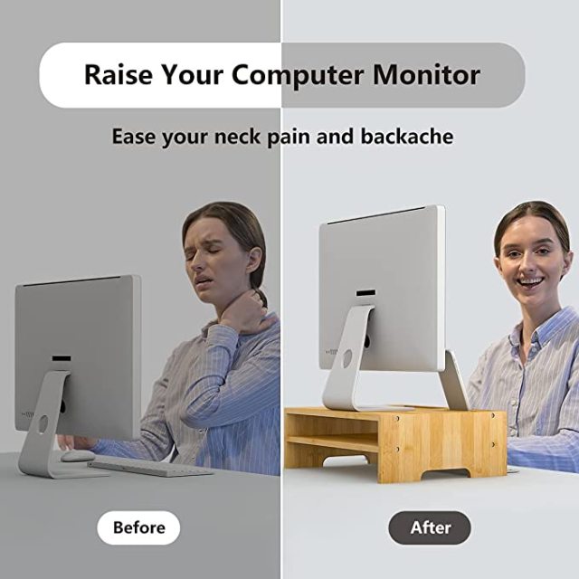 2 Tier Bamboo Computer Monitor Stand with Storage Organizer