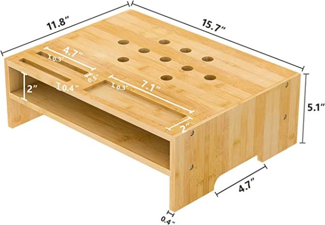 2 Tier Bamboo Computer Monitor Stand with Storage Organizer