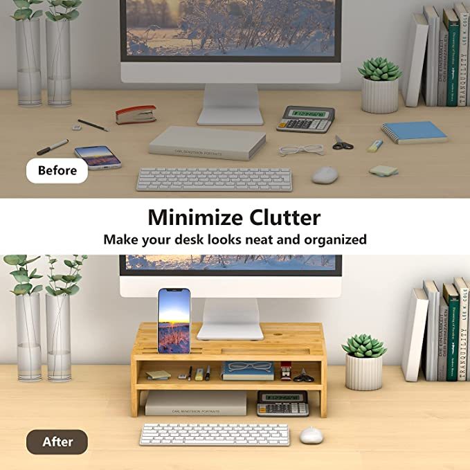 2 Tier Bamboo Computer Monitor Stand with Storage Organizer