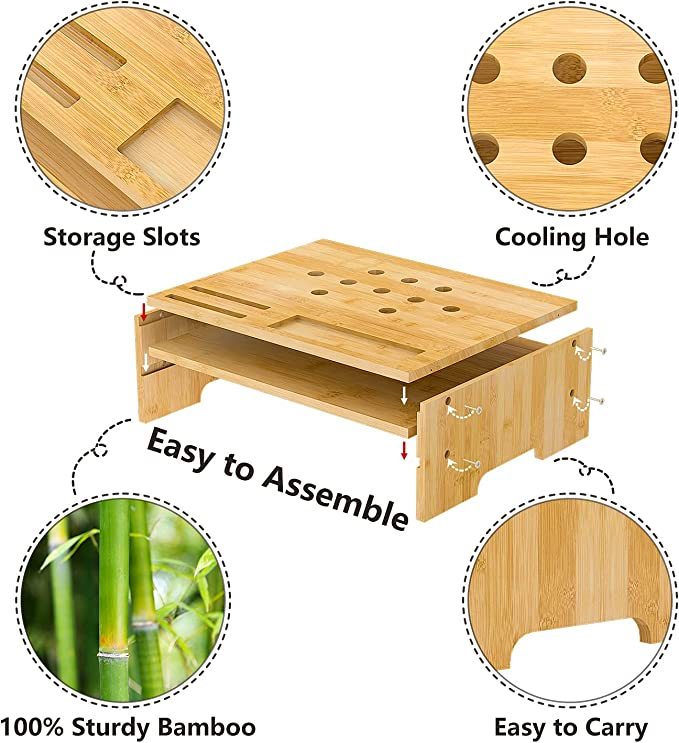 2 Tier Bamboo Computer Monitor Stand with Storage Organizer