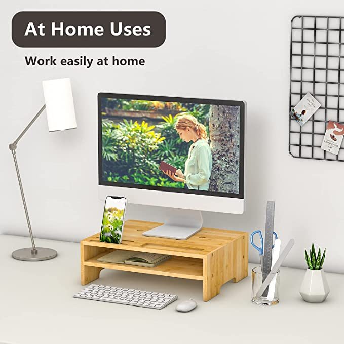 2 Tier Bamboo Computer Monitor Stand with Storage Organizer