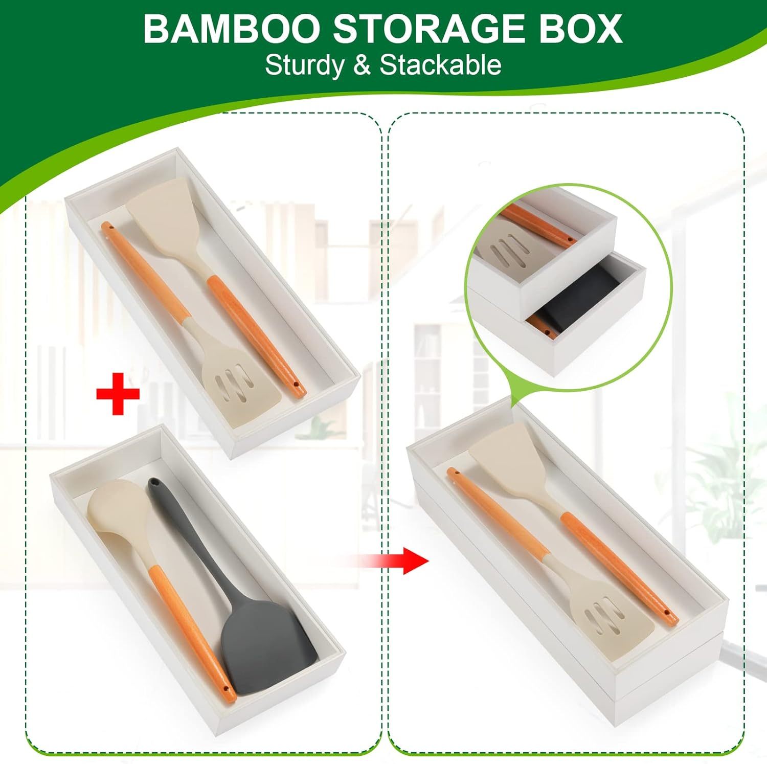 Kitchen Drawer Organizer - 2 Pack, Stackable Bamboo Drawer Organizers