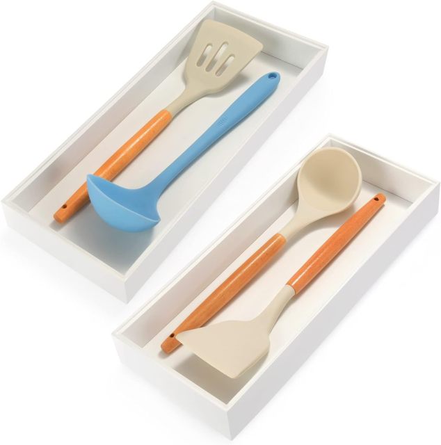 Kitchen Drawer Organizer - 2 Pack, Stackable Bamboo Drawer Organizers