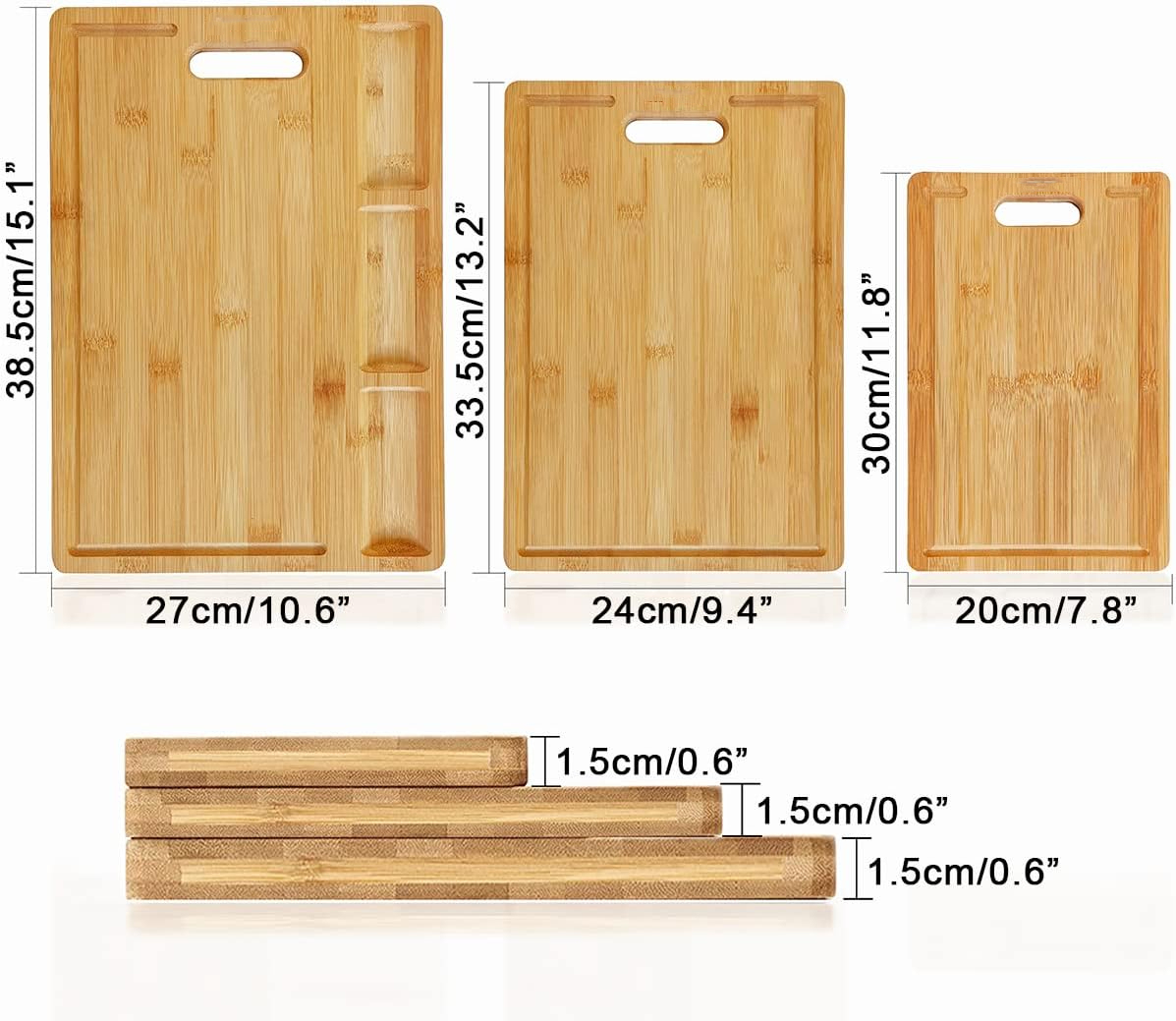 SquareBamboo | Large Bamboo Cutting Board Set for Kitchen – 3 Piece with Handles – Wholesale Supplier