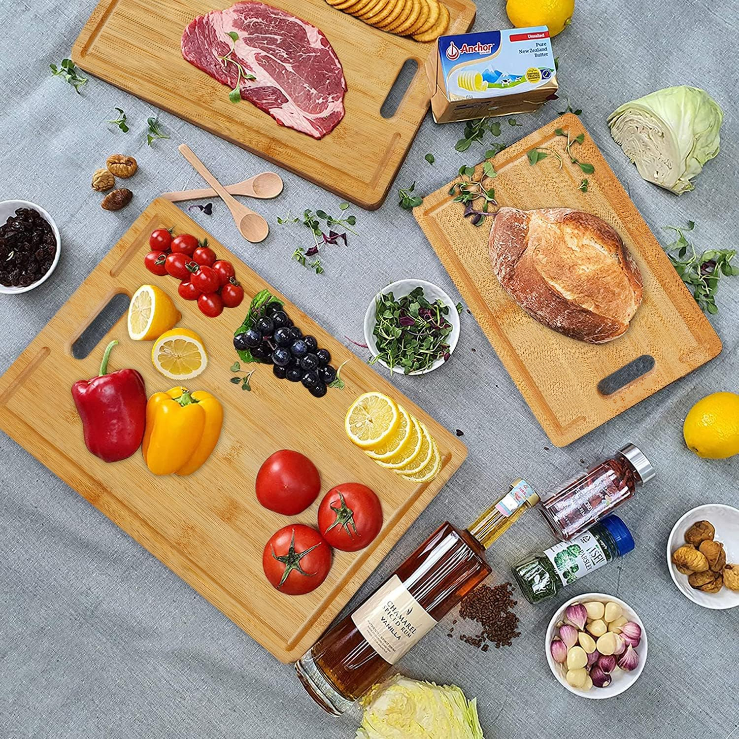 SquareBamboo | Large Bamboo Cutting Board Set for Kitchen – 3 Piece with Handles – Wholesale Supplier