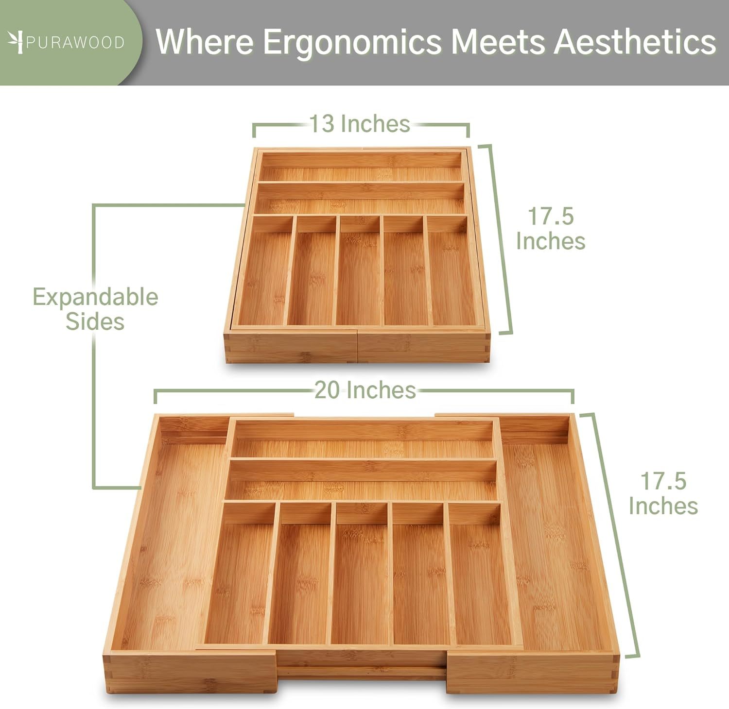 Expandable Large Premium Bamboo Silverware Organizer Kitchen Drawer & Utensil Organizer