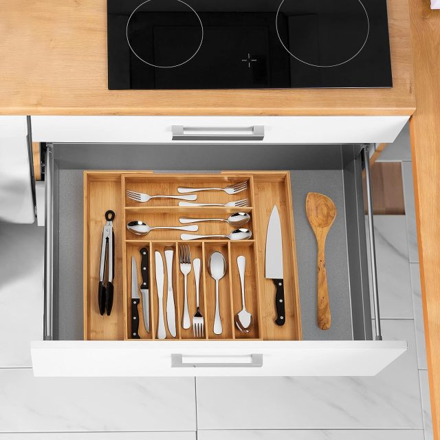 Expandable Large Premium Bamboo Silverware Organizer Kitchen Drawer & Utensil Organizer