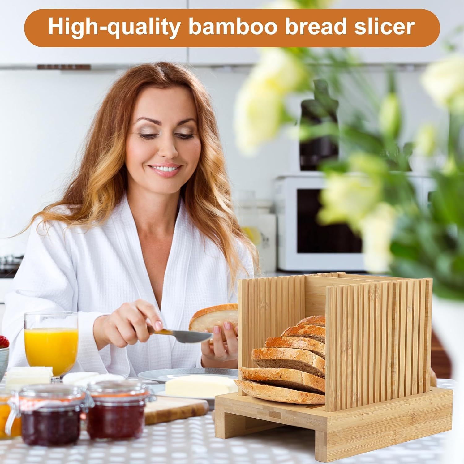 Bamboo Bread Slicer with Adjustable Width Bread Slicing Guides