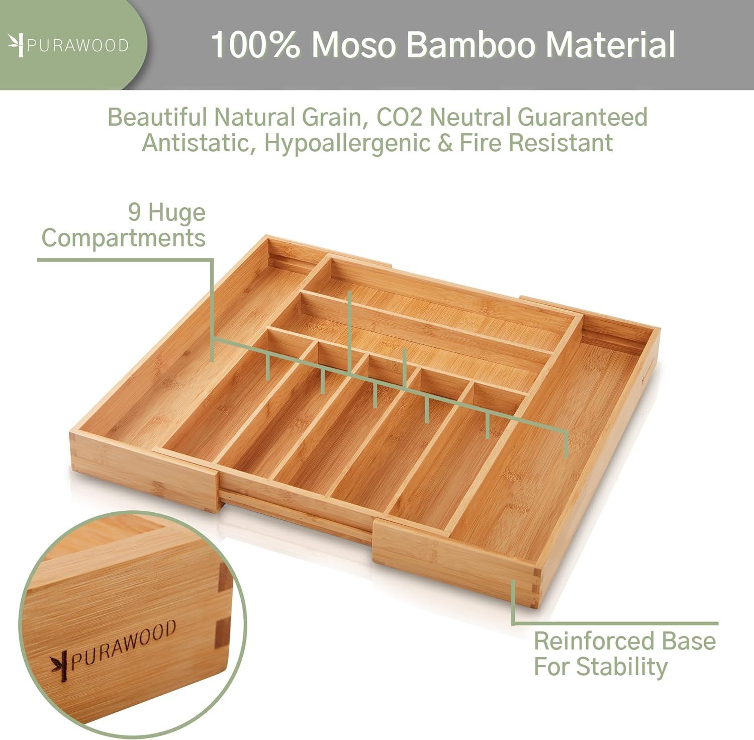 Expandable Large Premium Bamboo Silverware Organizer Kitchen Drawer & Utensil Organizer