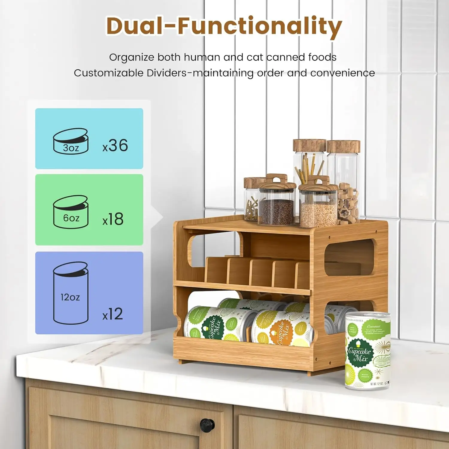 Canned Holder Dispenser Shelf Rolling Can Organizer Rack Stackable Double-Layer Bamboo Can Organizers and Storage