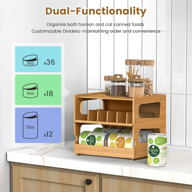 Canned Holder Dispenser Shelf Rolling Can Organizer Rack Stackable Double-Layer Bamboo Can Organizers and Storage