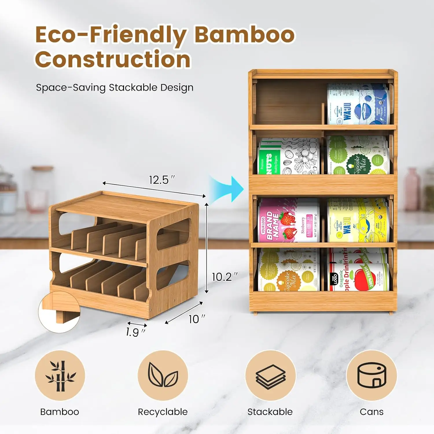 Canned Holder Dispenser Shelf Rolling Can Organizer Rack Stackable Double-Layer Bamboo Can Organizers and Storage