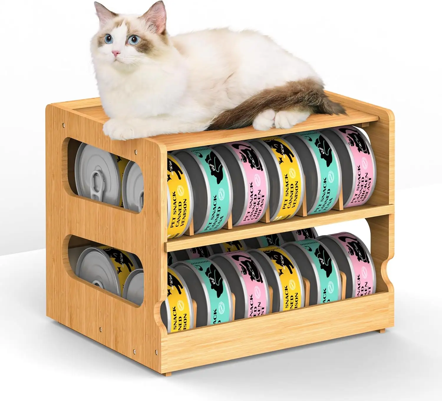 Canned Holder Dispenser Shelf Rolling Can Organizer Rack Stackable Double-Layer Bamboo Can Organizers and Storage