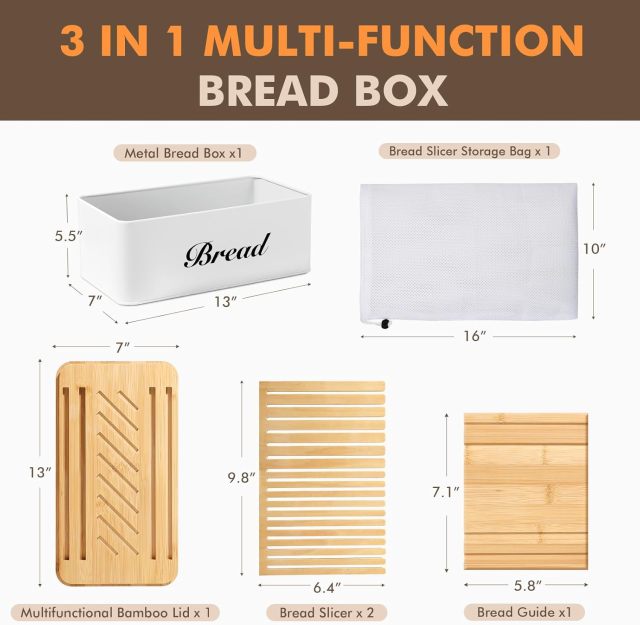 Bread Slicer for Homemade Bread with Box, White Bread Storage for Kitchen Countertop with 3 in 1 Bamboo Lid
