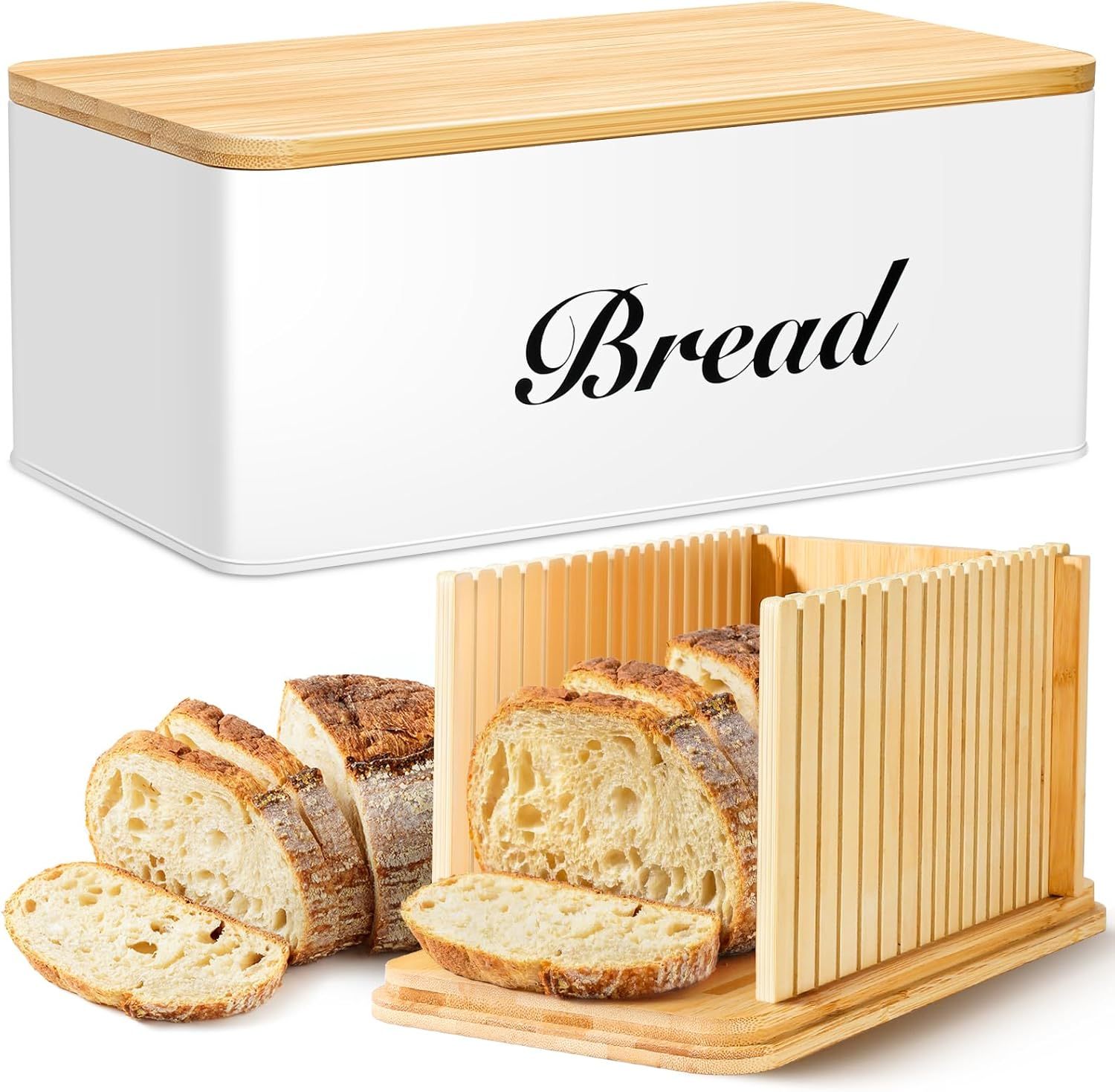 Bread Slicer for Homemade Bread with Box, White Bread Storage for Kitchen Countertop with 3 in 1 Bamboo Lid