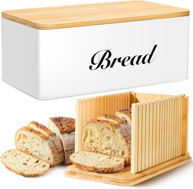 Bread Slicer for Homemade Bread with Box, White Bread Storage for Kitchen Countertop with 3 in 1 Bamboo Lid