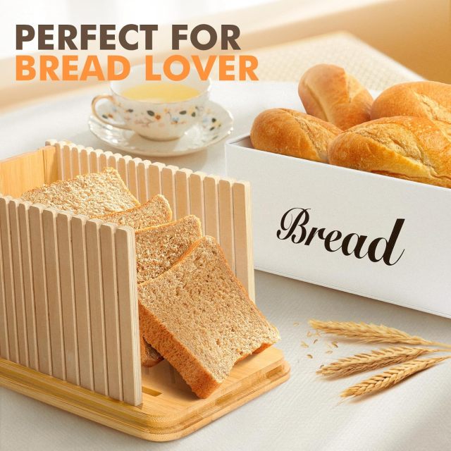 Bread Slicer for Homemade Bread with Box, White Bread Storage for Kitchen Countertop with 3 in 1 Bamboo Lid