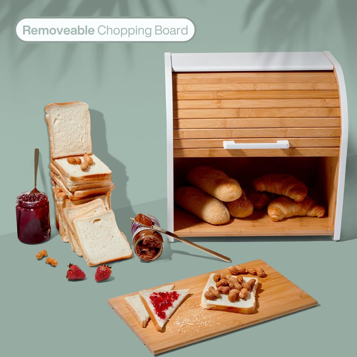 Bamboo Double Layer Bread Box for Kitchen Countertop, Roll Top Bread Box Wood, Extra Large for Kitchen Storage, Modern Bread Bin Wooden